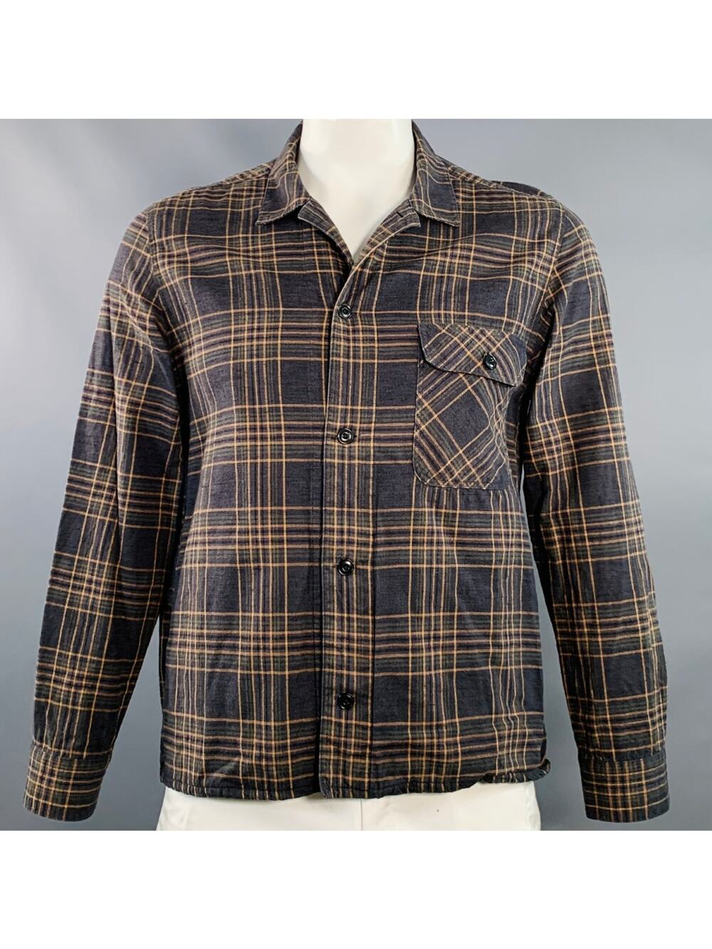 FORM & THREAD Size L Grey Green Yellow Plaid Cotton Linen Long Sleeve Shirt